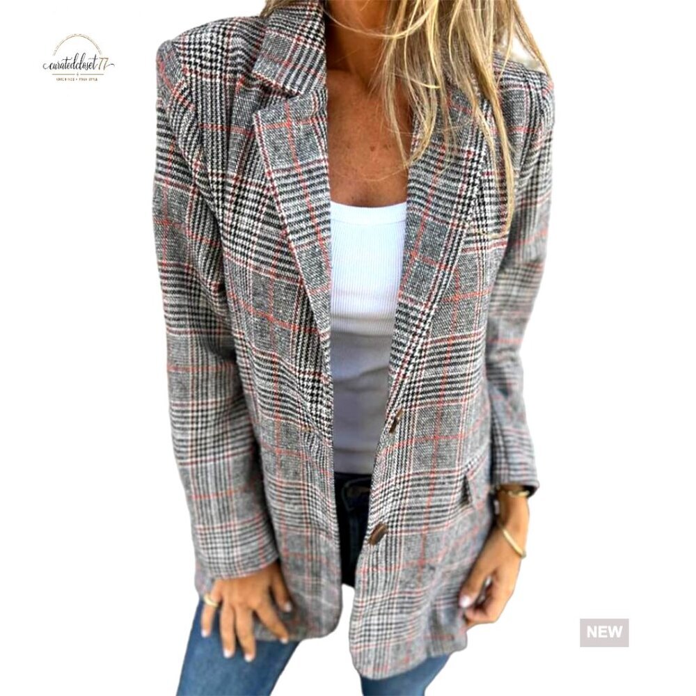Tweed Blazer Plaid Houndstooth Oversized Classic Business Casual Work Jacket